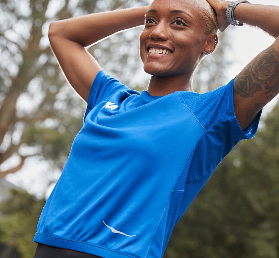 Hoka One One Womens Tops - Performance Utility SS - Blue - JCVH10489
